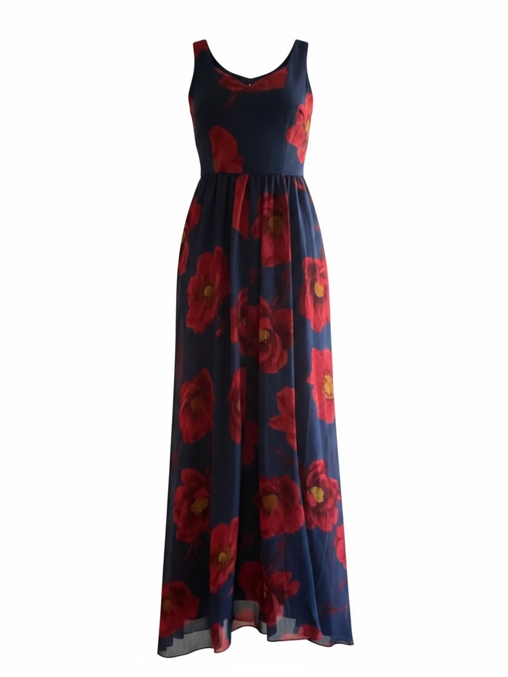 Sleeveless Royal Blue Maxi Dress with Red Floral Print